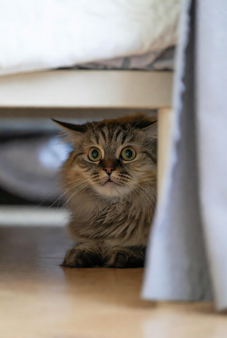 Кот прячется под кровать