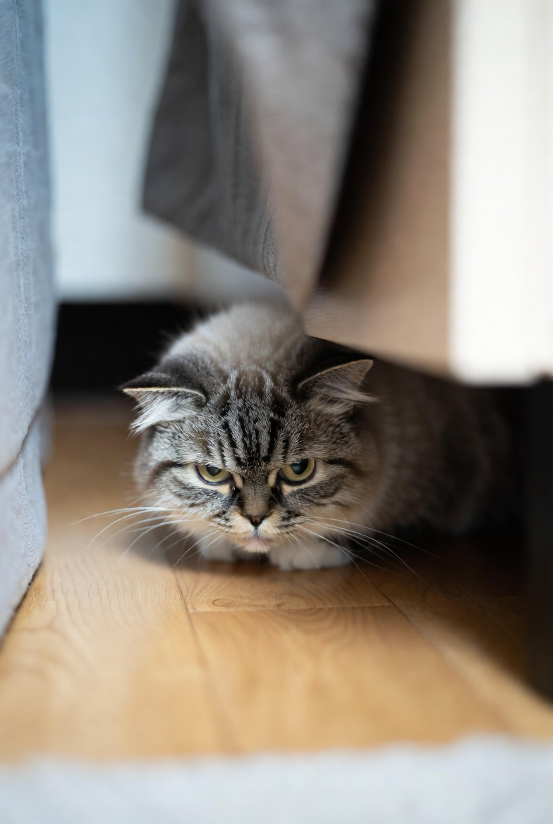 Кот прячется под кровать