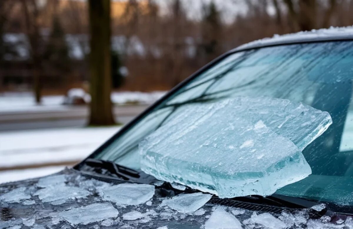    В Петропавловске глыба льда разбила лобовое стекло машины с ребёнком