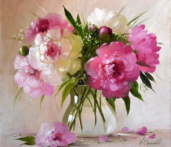 Роскошное пионово-сиреневое очарование в живописи художницы Елены Перминовой.