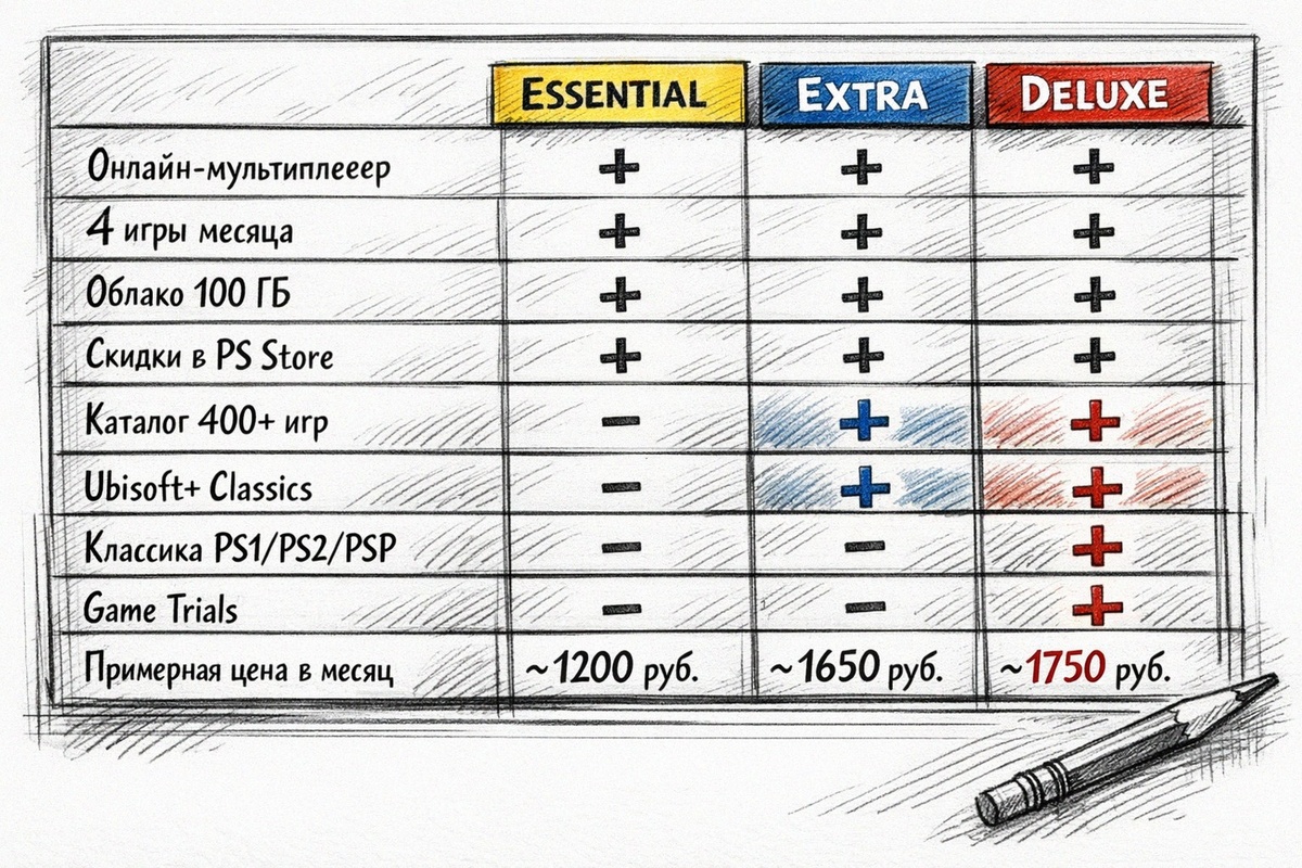 Таблица сравнения подписок PS Plus 2026: Essential, Extra, Deluxe (таблица)