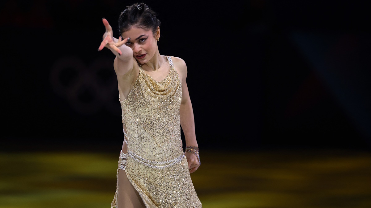    Аделия Петросян во время показательных прокатов на Олимпиаде-2026 в Милане. Фото: REUTERS/Claudia Greco