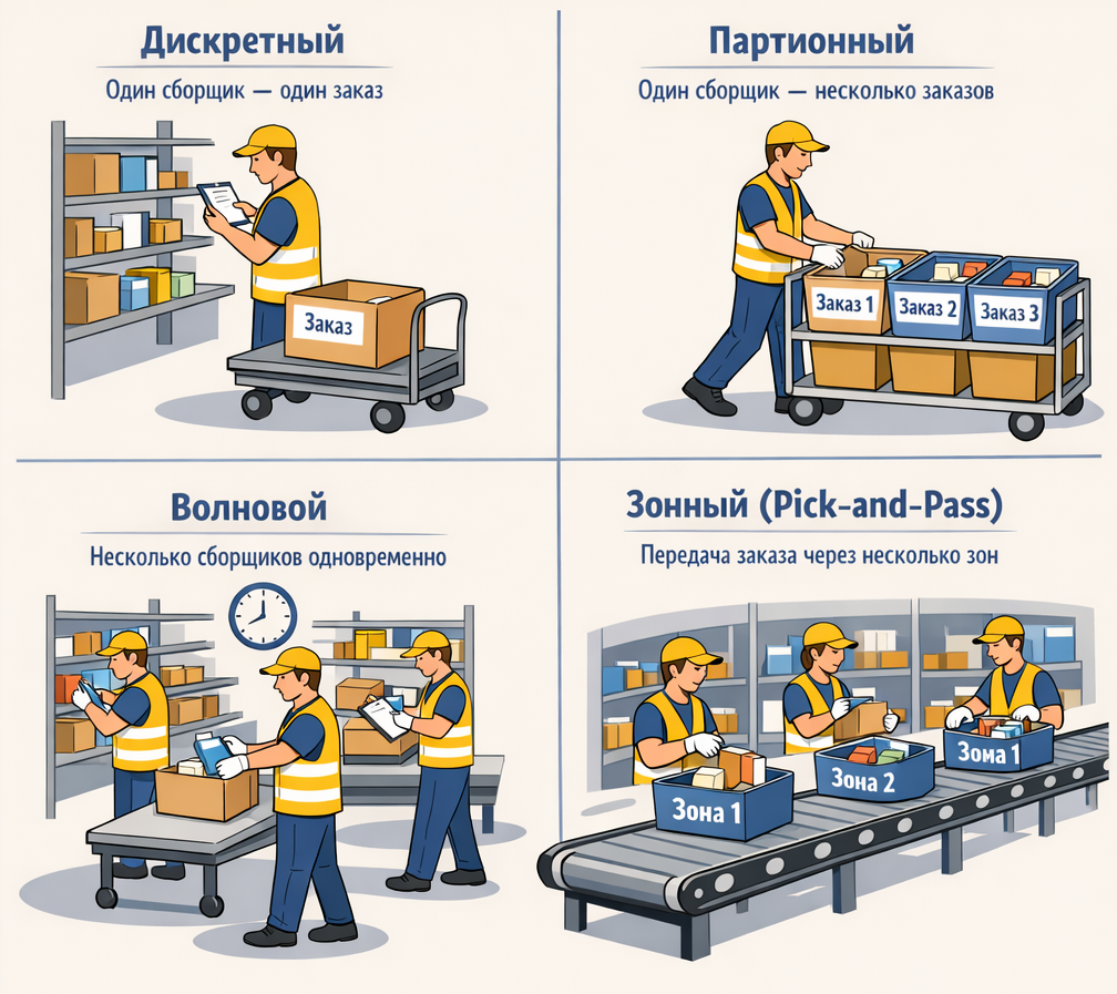 Сравнение методов комплектации заказов на складе