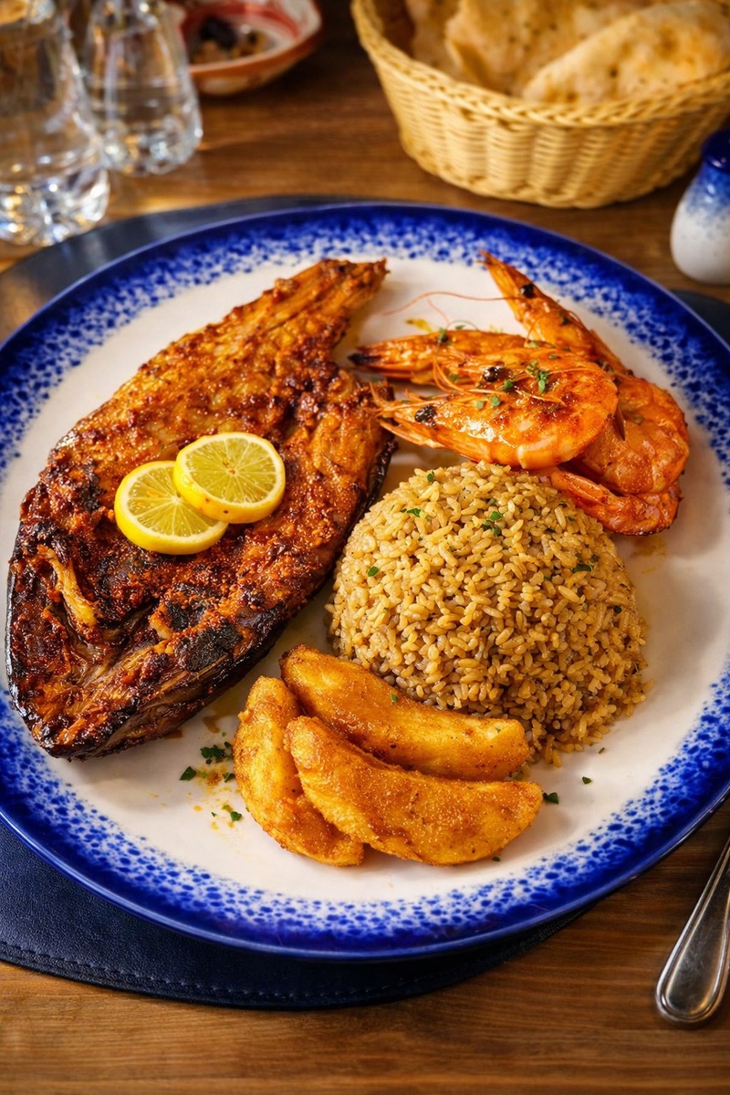 Кефаль на гриле, креветки, кальмары и вкусный рис.