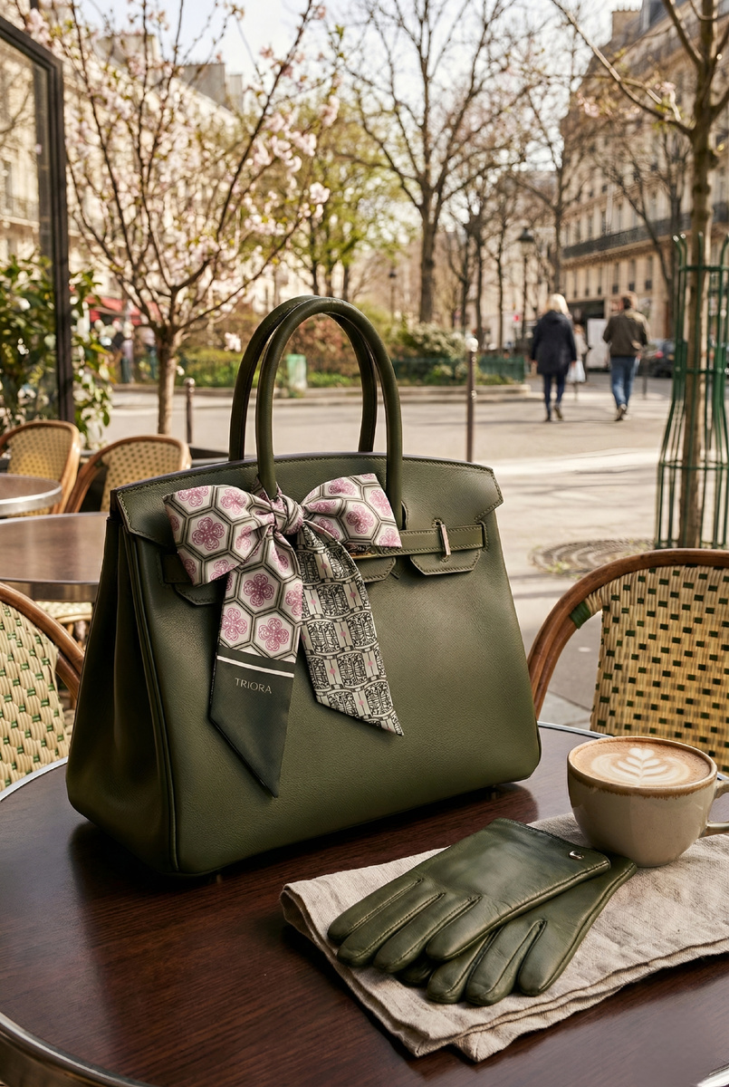 Бренд TRIORA, коллекция Китай: колье из натурального нефрита, дизайнерская брошь и шелковый шарфик Твилли