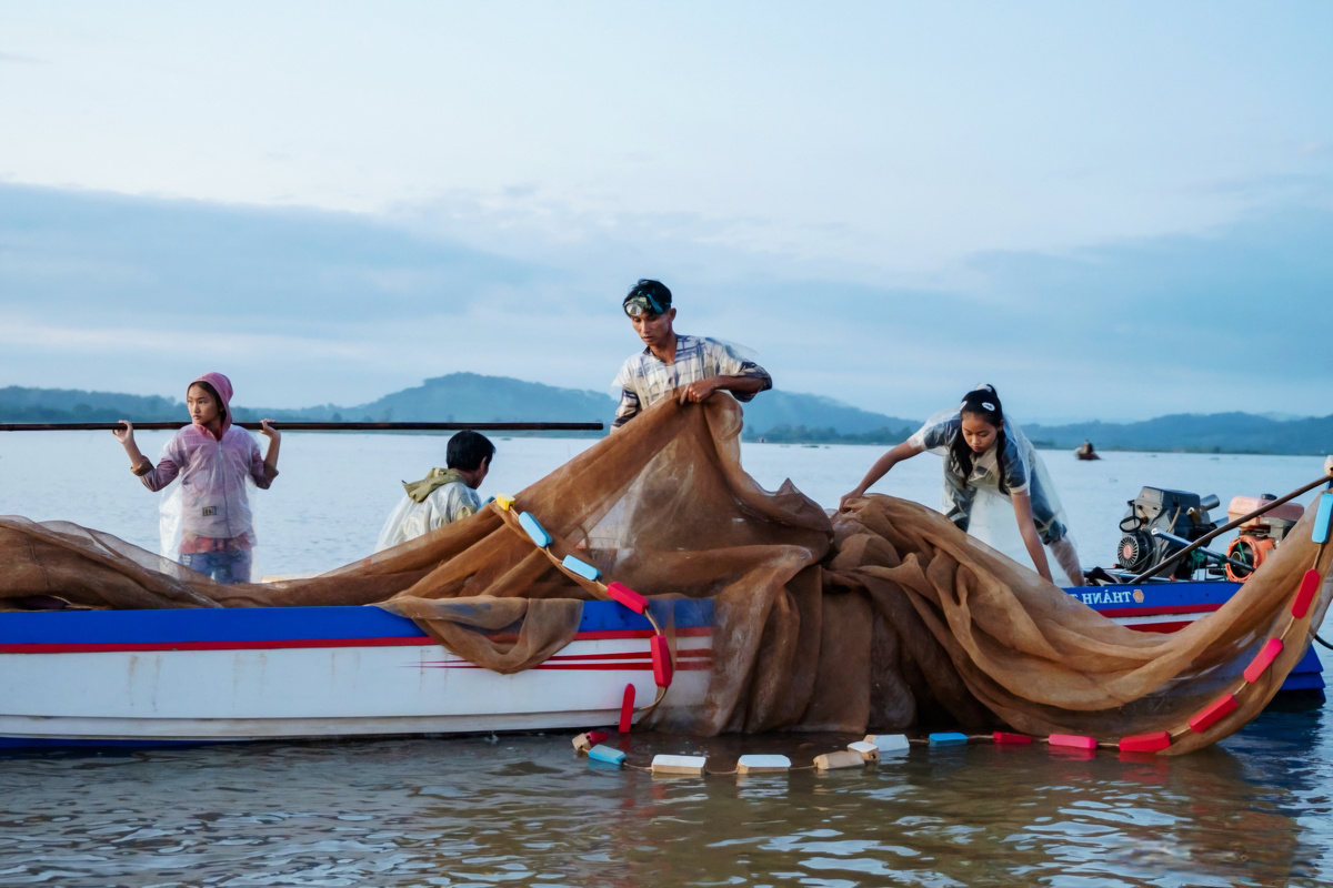 Работая всю ночь до рассвета, 47-летний Ле Ван Сан, его брат и две его маленькие дочери, 12 и 13 лет, забрасывают сети на озеро Чиан. Рыболовство — основной источник дохода для его семьи, и каждый должен вносить свой вклад.