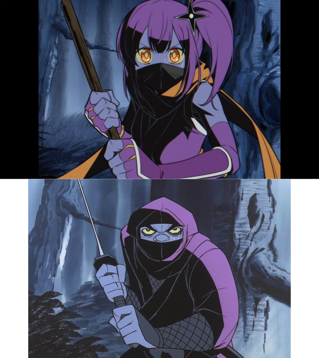 Сверху – кадр из “Жизни ниндзя и убийцы”, а снизу – из “Ниндзя Камуи”. Обратите внимание: ради атмосферного начала обозреваемое аниме даже сымитировало устаревший формат экрана 4/3. Листайте вправо.