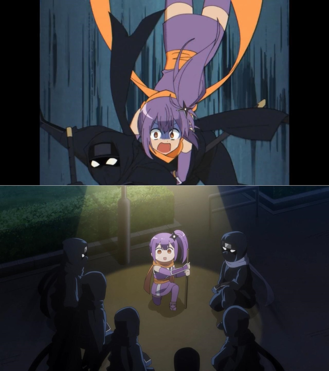 Для сравнения: ещё пара кадров из “Жизни ниндзя и убийцы”. На верхнем – соотношение сторон экрана по-прежнему 4/3; а на нижнем – уже привычный формат 16/9, в котором показаны дальнейшие события аниме.