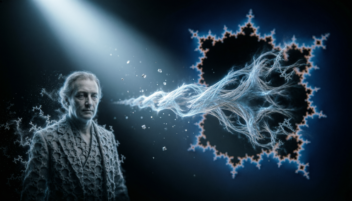 Феликс Хаусдорф ввёл понятие дробной размерности. Объект может быть «чуть больше» линии, но «чуть меньше» плоскости – как береговая линия, ускользающая от точного измерения. Реконструкция Qwen