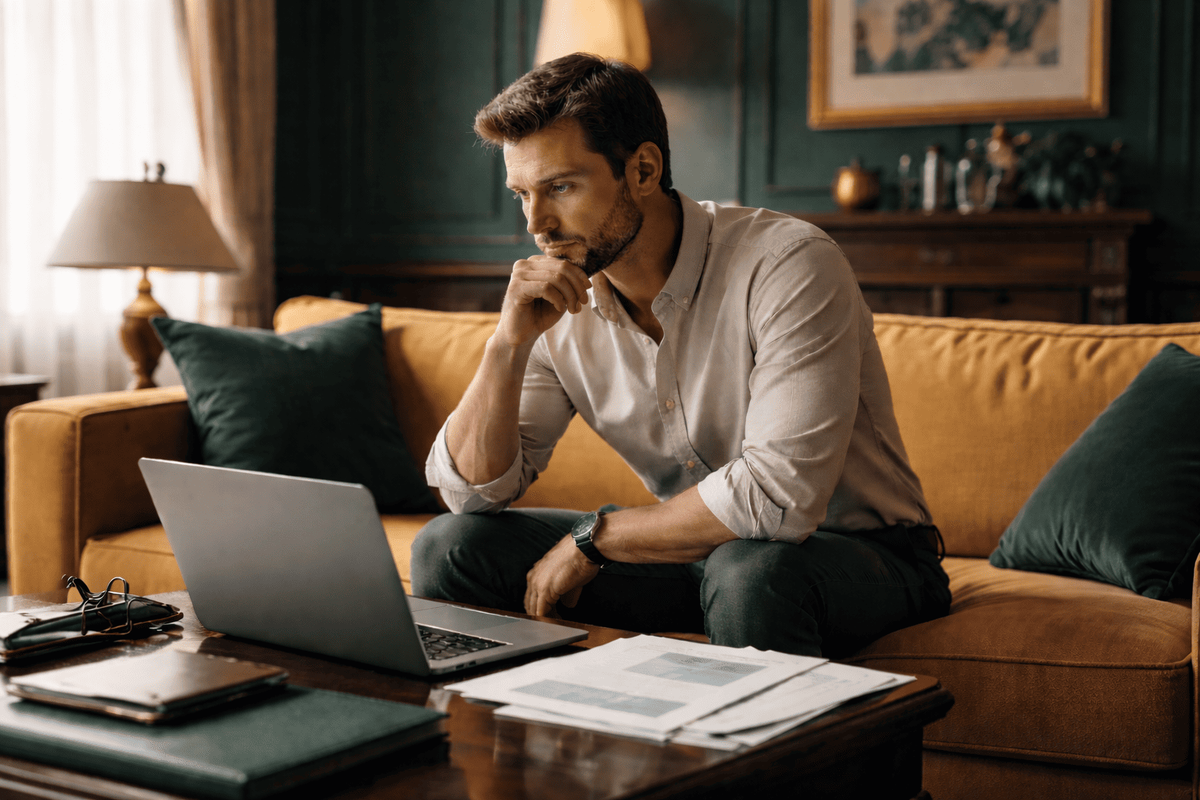 Собственник недвижимости за ноутбуком разбирается в ролях брокера, риелтора и юриста в сделке