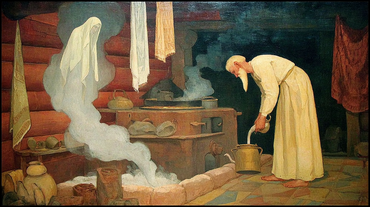 Камни зашипели — и в туманном жару начал проступать чей-то загадочный силуэт. Что почувствуешь: страх или почтение, встретив взгляд невидимого хозяина русской парной?