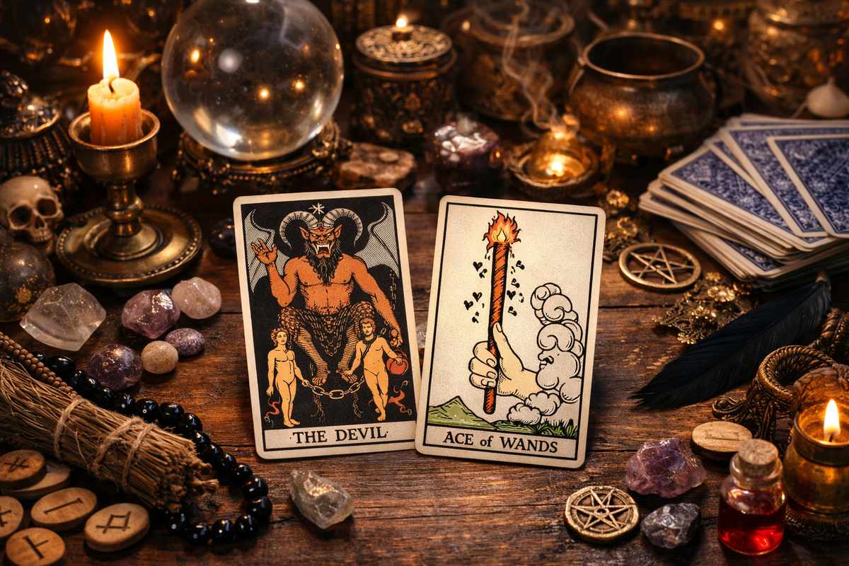 Туз Жезлов и Дьявол Таро на столе среди свечей, кристаллов и атрибутов для гадания в мистической атмосфере.