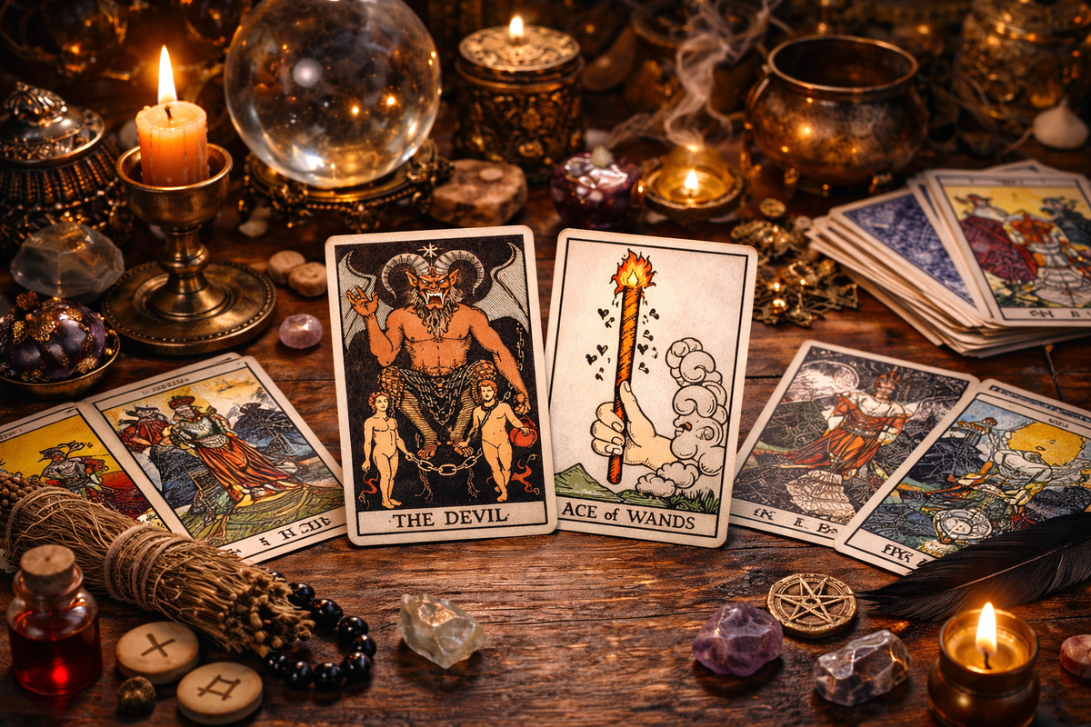 Туз Жезлов и Дьявол в раскладе Таро в окружении других карт и эзотерических атрибутов на деревянном столе.