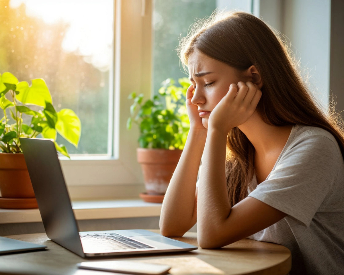 Грустная девушка за ноутбуком