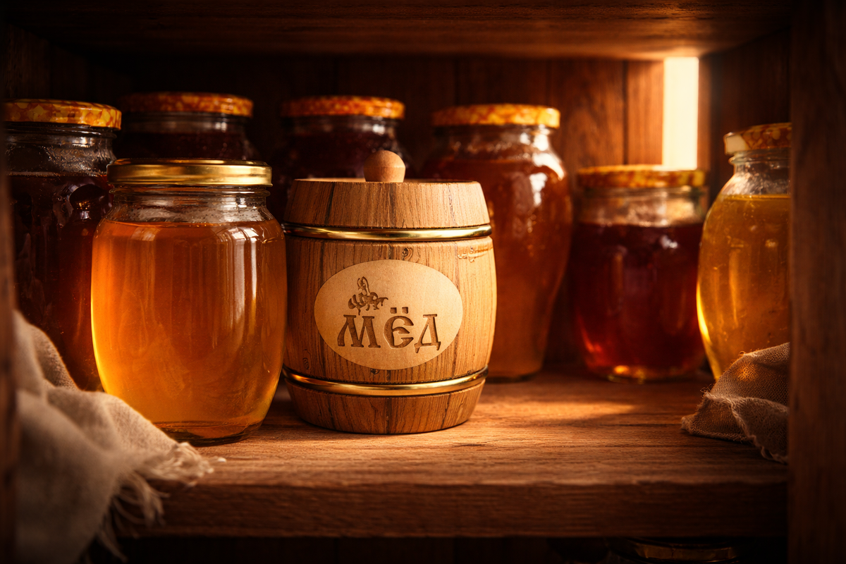 Хранение мёда в тёмном шкафу при температуре +4…+15 °C Пасека Ларионовых