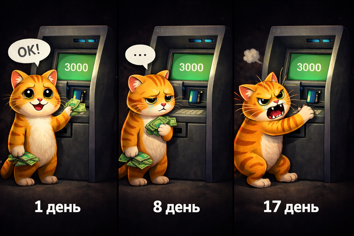 Если КэшХантер будет ходить 17 дней до банкомата, то это будет примерно так ;)