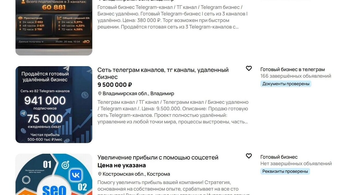    Сервисы бесплатных объявлений наводнили предложения о срочной продаже телеграм-каналов   1MI/Скриншот Авито