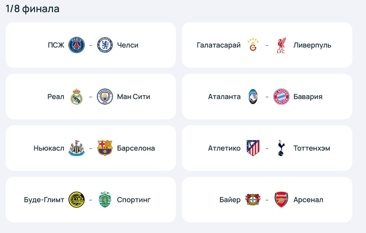     Все пары 1/8 финала Лиги чемпионов