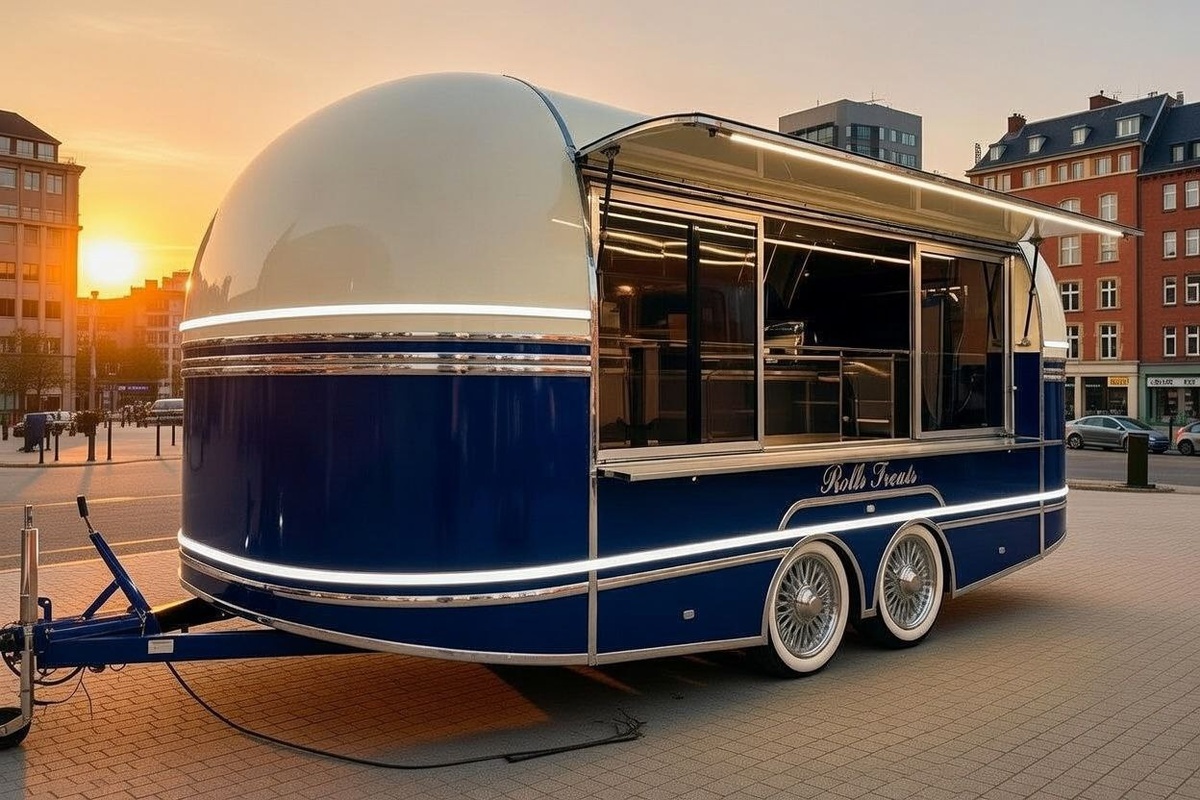 Двухцветный бежево-синий фудтрак с панорамных окном и открытым козырьком в ретро стиле от РЕТРОТРАК на улице современного города