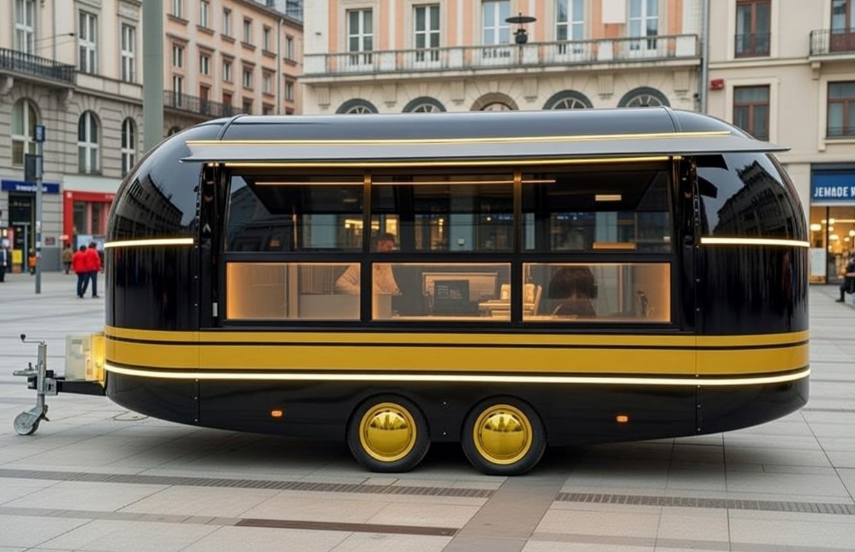 Черный фудтрак от РЕТРОТРАК с золотыми полосами и дисками на колесах с панорамным окном и поднятым козырьком на улице современного города.