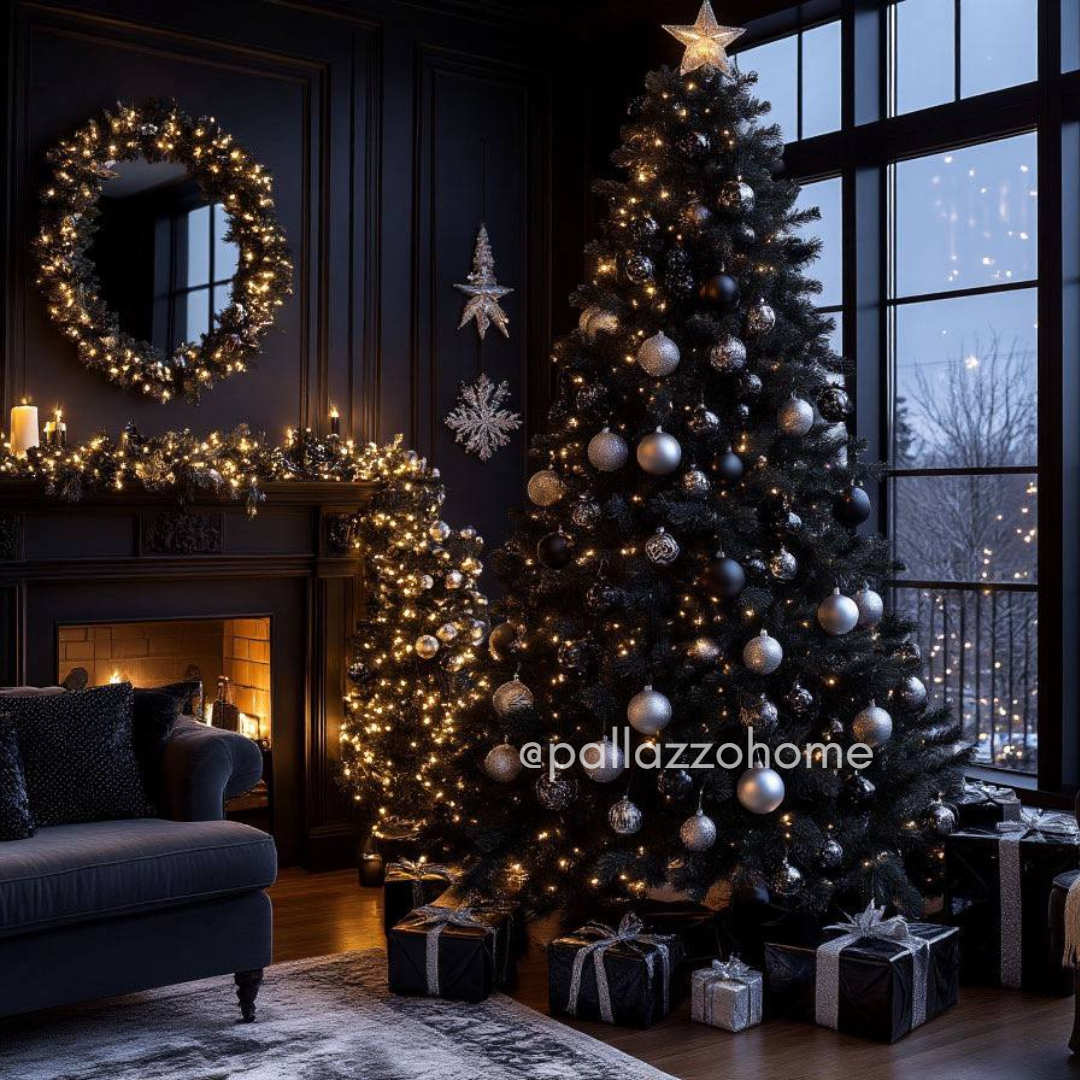 Гостиная в темной графитовой гамме с камином и теплым освещением. Антрацитовые стены усиливают эффект мягкой подсветки и праздничного декора. Темный фон делает световые акценты глубже и визуально объемнее, создавая камерную атмосферу.