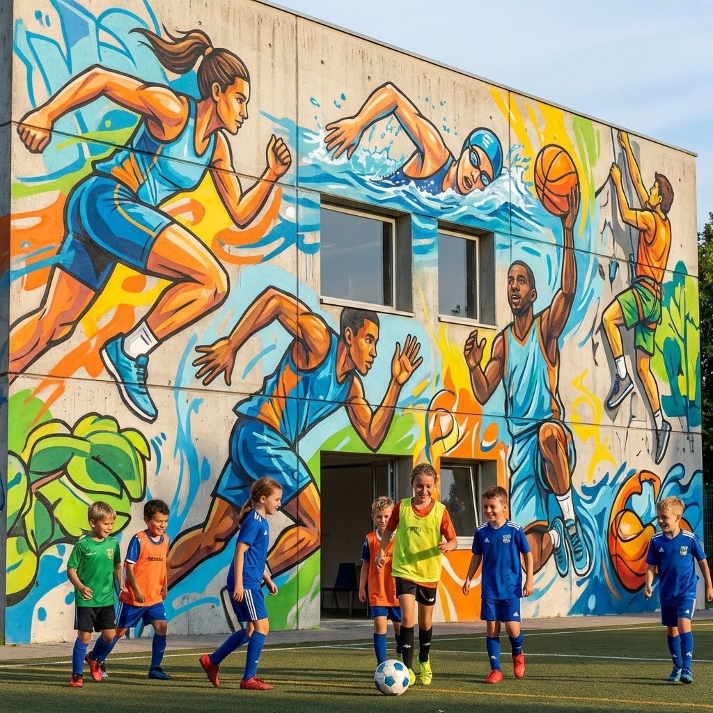 Граффити на спортивном ангкра детского лагеря