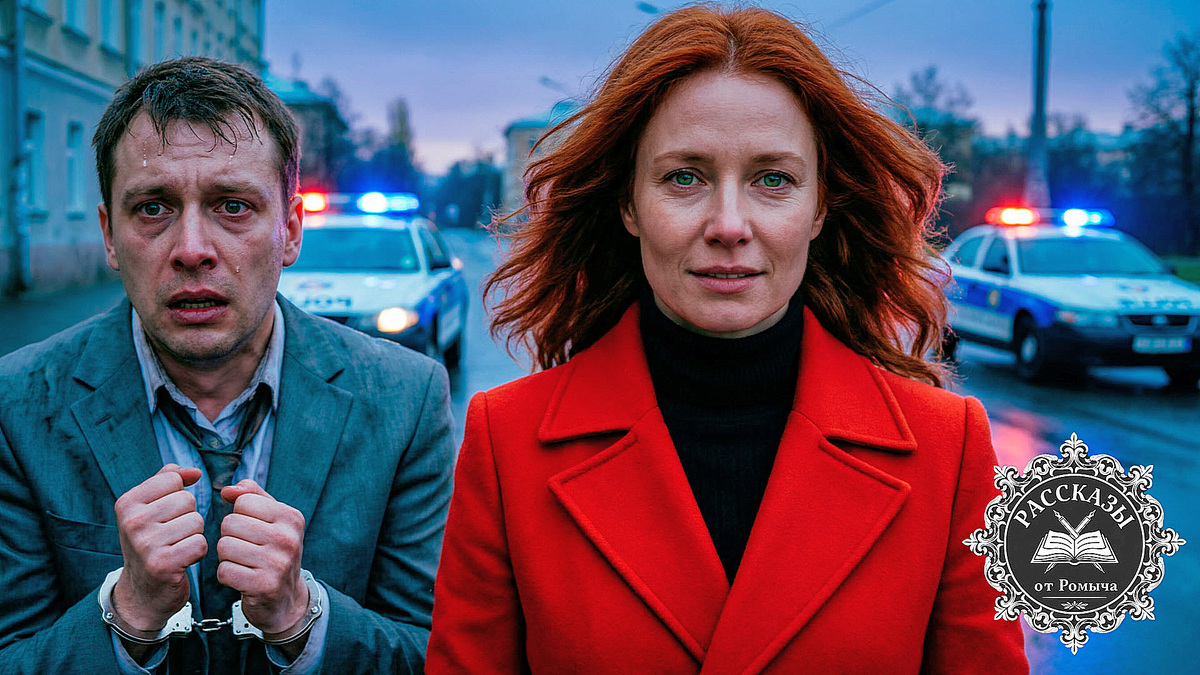 Женщина в красном пальто наблюдает за задержанием племянника-преступника у входа в сталинский дом