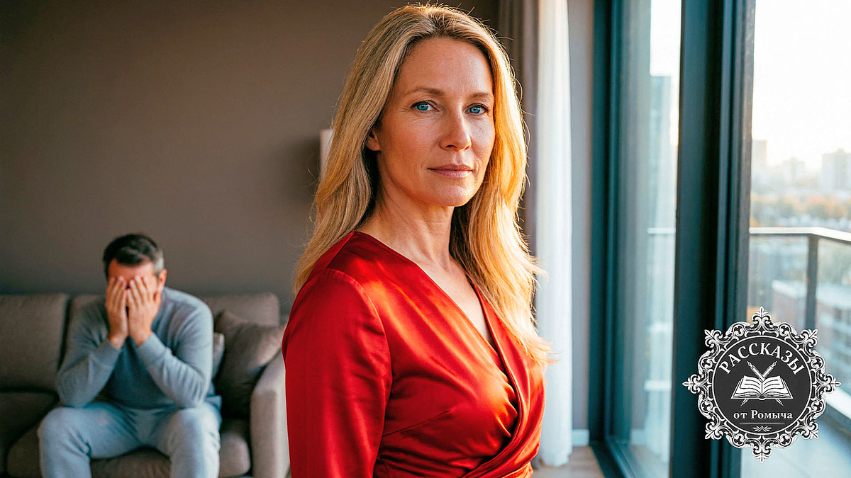 Уверенная блондинка в красном платье у окна на фоне расстроенного мужчины