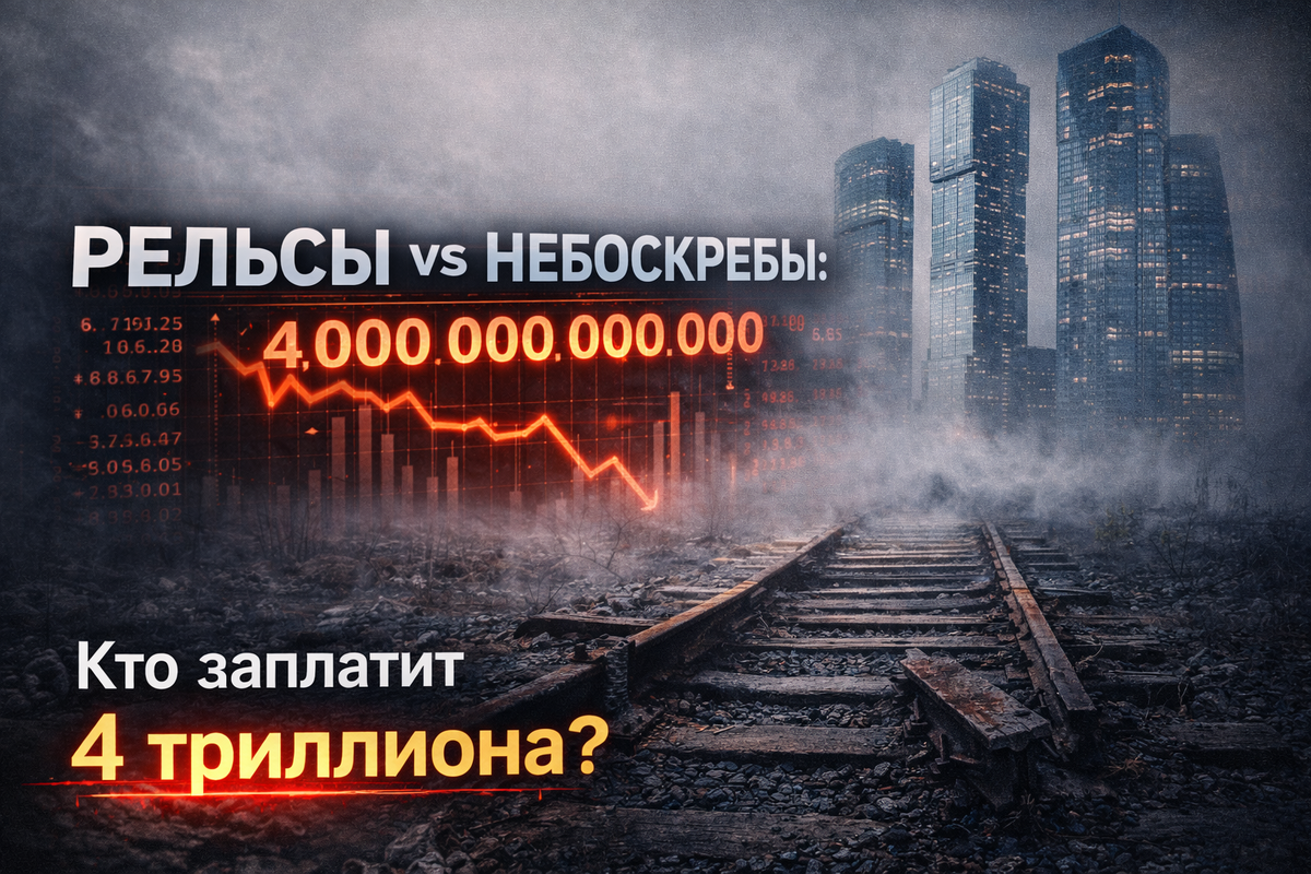 Ржавые разобранные рельсы на переднем плане и роскошные небоскребы Москва-Сити на заднем — символ выбора между развитием инфраструктуры и офисной роскошью.