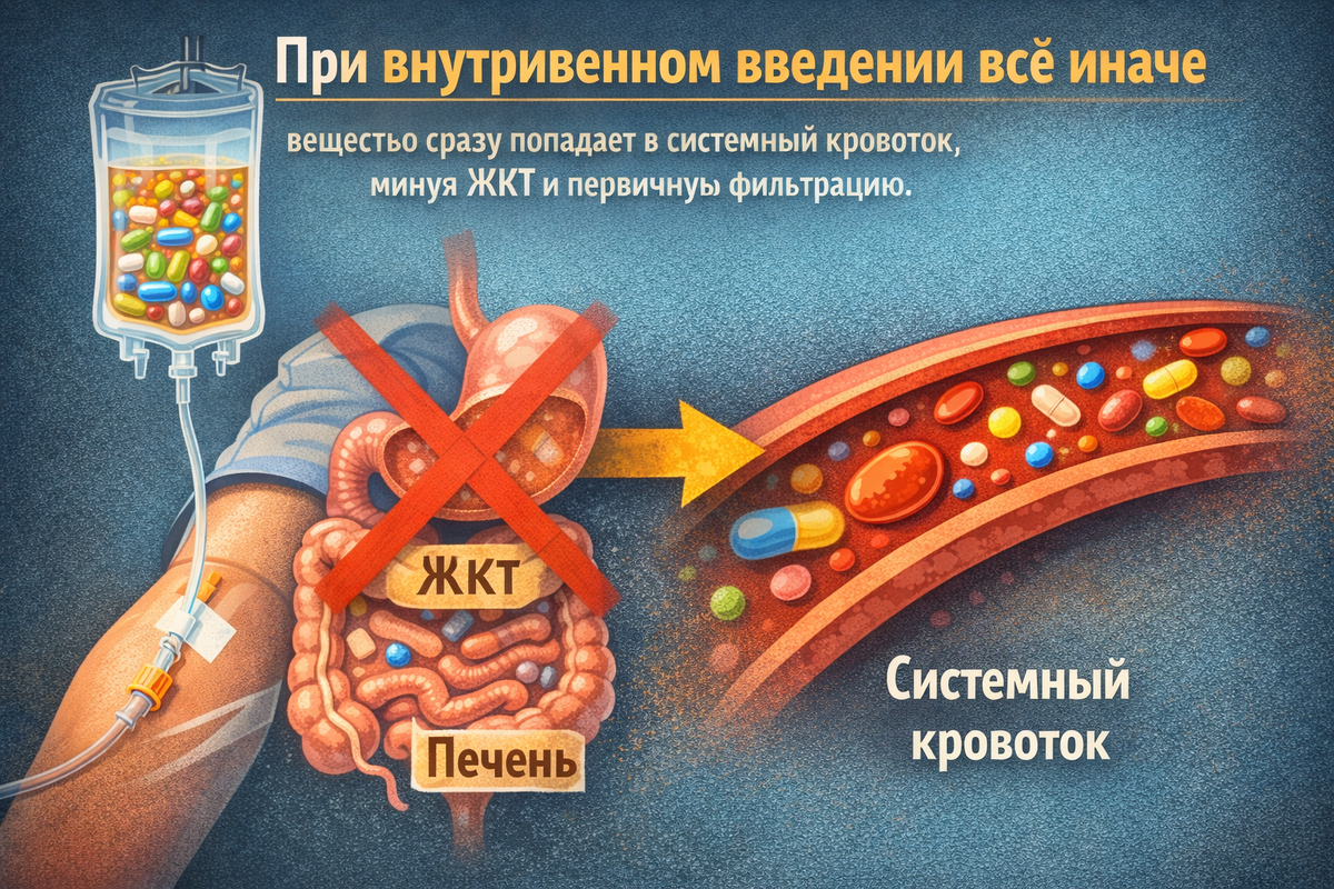 вещество сразу попадает в системный кровоток, минуя ЖКТ и первичную фильтрацию