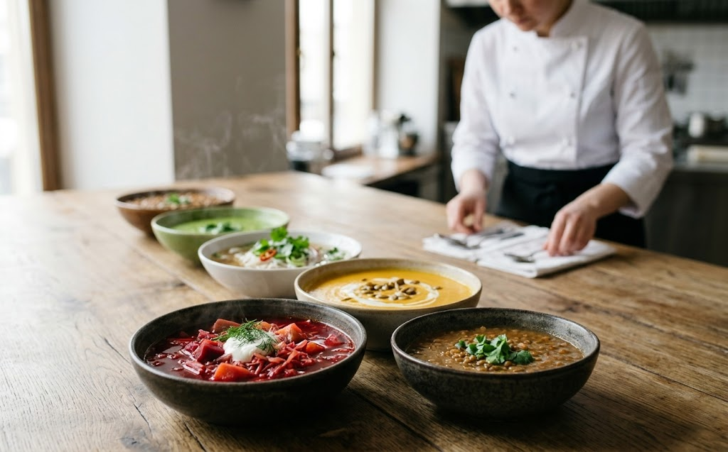 Эволюция суповых основ: как подать 5 видов изысканных супов на кофе-брейке, имея одного повара / Изображение: AlphaChef