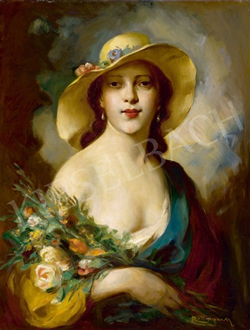 Женщина в шляпе с цветами из сада