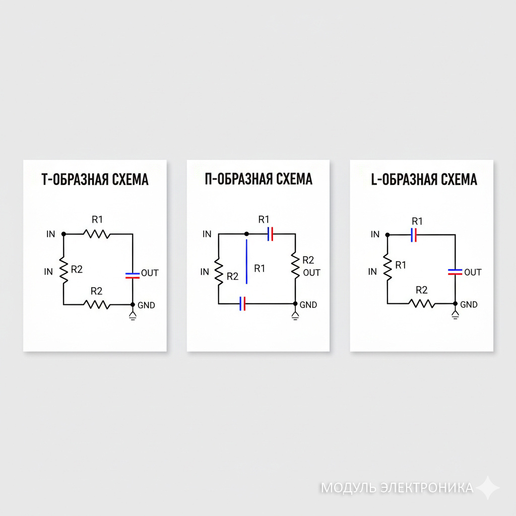 T-образная, Π-образная (Pi) и L-образная конфигурации.
На всех схемах:
IN - вход сигнала
OUT - выход
GND - земля (общий провод)
Резисторы обозначены стандартно: R1 - последовательные, R2 - шунтирующие (к земле).
Самая популярная в реальных устройствах - T-образная схема.
