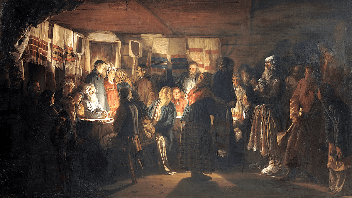 ВАСИЛИЙ МАКСИМОВ. ПРИХОД КОЛДУНА НА КРЕСТЬЯНСКУЮ СВАДЬБУ. 1875.
ГОСУДАРСТВЕННАЯ ТРЕТЬЯКОВСКАЯ ГАЛЕРЕЯ, МОСКВА