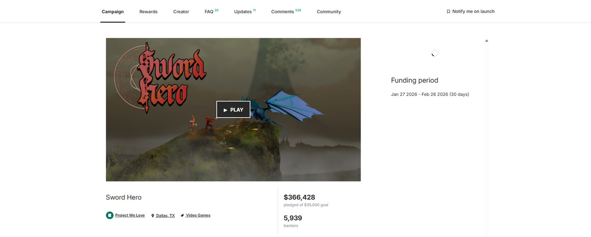 Страница сбора средств на разработку Sword Hero. Источник: Kickstarter