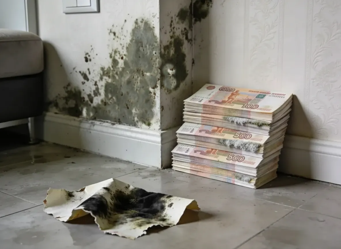 Пачка денег на полу и плесень на стене. Угадайте, что появилось раньше? Правильно: сначала сэкономили на гидроизоляции, потом купили дорогие обои, а теперь любуйтесь бесплатной «био-отделкой».