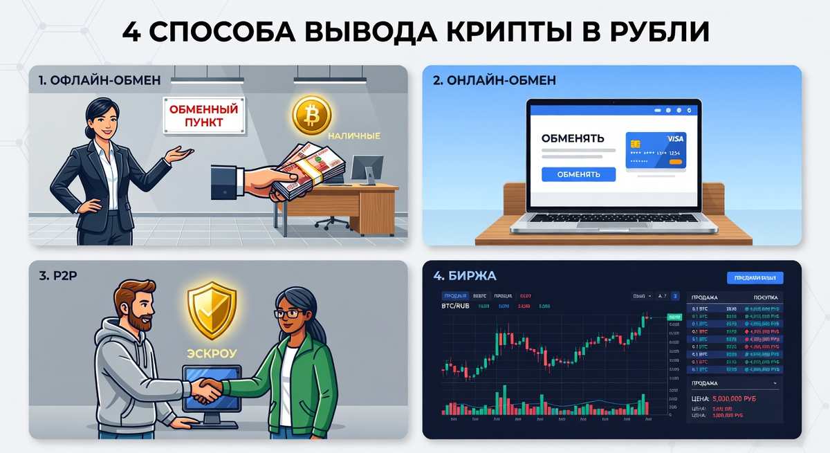 4 рабочих способа: наличные, карта, P2P, биржа
