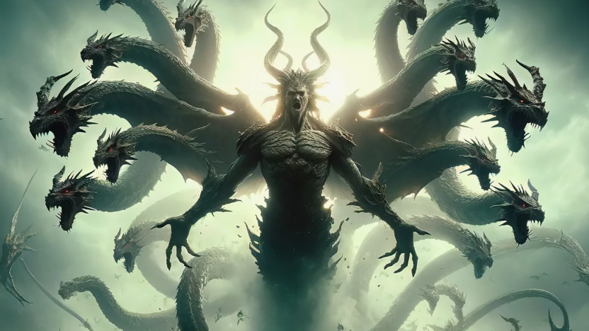 Одно из первых описаний Тифона содержится в «Теогонии» Гесиода: там он изображён стоглавым змеем-драконом, каждая голова которого издаёт разные звуки. Псевдо-Аполлодор представляет Тифона получеловеком-полудраконом невероятных размеров со ста головами, из пасти которых вырывалось пламя. Глаза Тифона источали пламя, из глоток извергался дикий рев разъяренного быка, рычанье льва, слышались лай собак и человечьи вопли. 