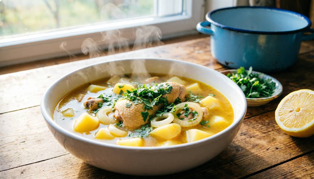 🍲 Перуанский куриный суп “Агуадуко” по-ростовски: вместо кинзы — укроп, вместо лайма — лимон.