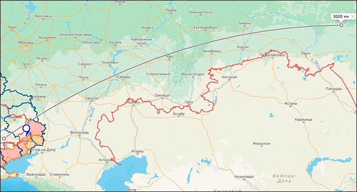   Если заявленная украинцами дальность соответствует действительности, то при пуске из-под Днепропетровска "Фламинго" может дотянуться до Омска. Скриншот страницы сайта сервиса "Яндекс.Карты"