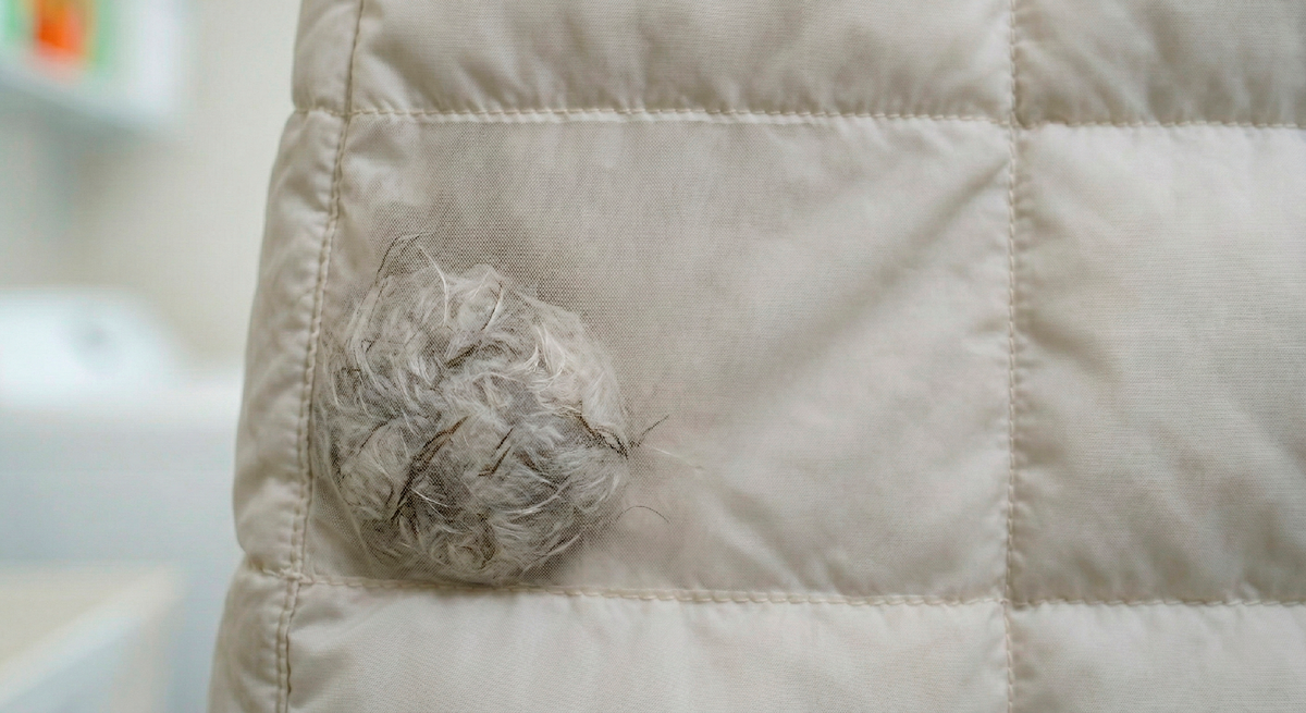 Вот так выглядит пух, который слипся после стирки. Всё скатилось в углы, а середина секции пустая.