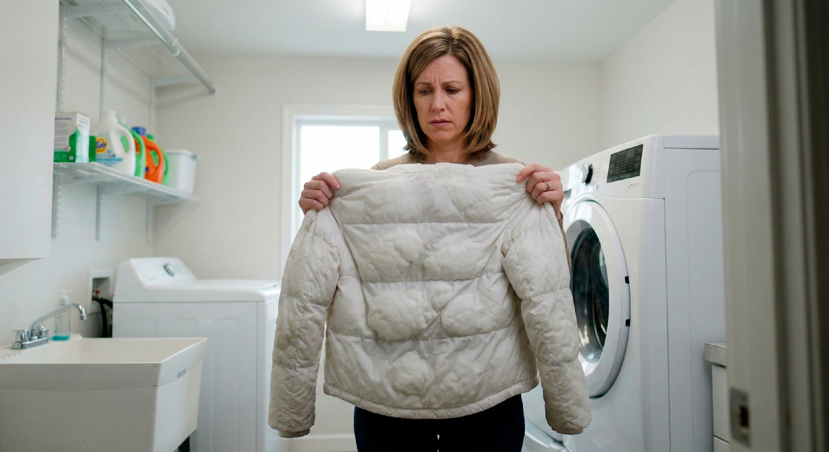 Достала из машинки - и сердце упало. Знакомая картина для всех, кто хоть раз стирал пуховик дома.