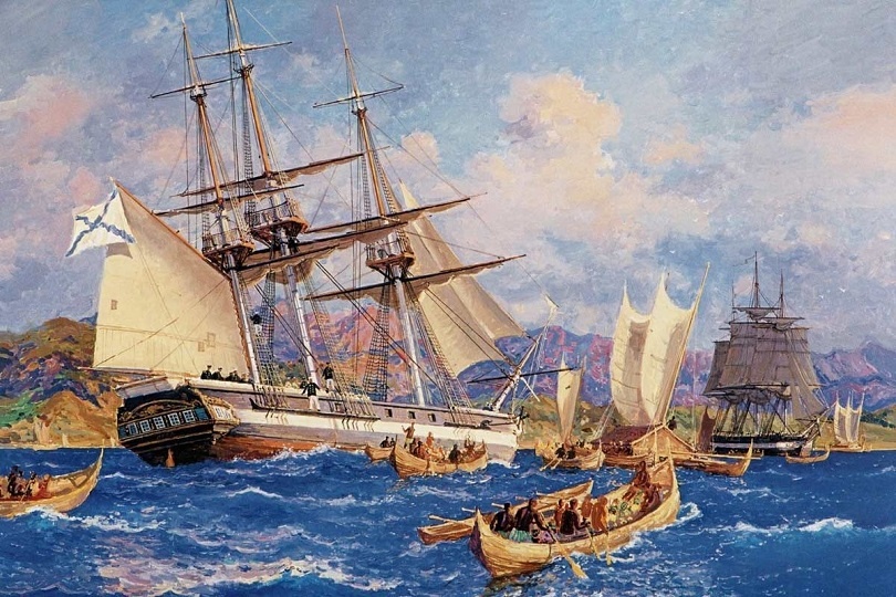 «Шлюпы “Надежда” и “Нева” — корабли, впервые поднявшие русский флаг в кругосветном плавании. Художник С.В. Пен, 2001 г.