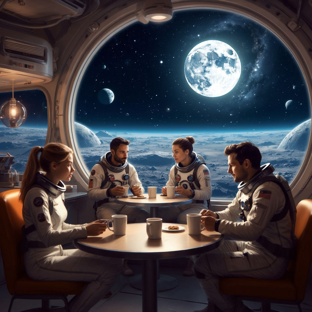 Туристы в космосе. Фото ИИ 