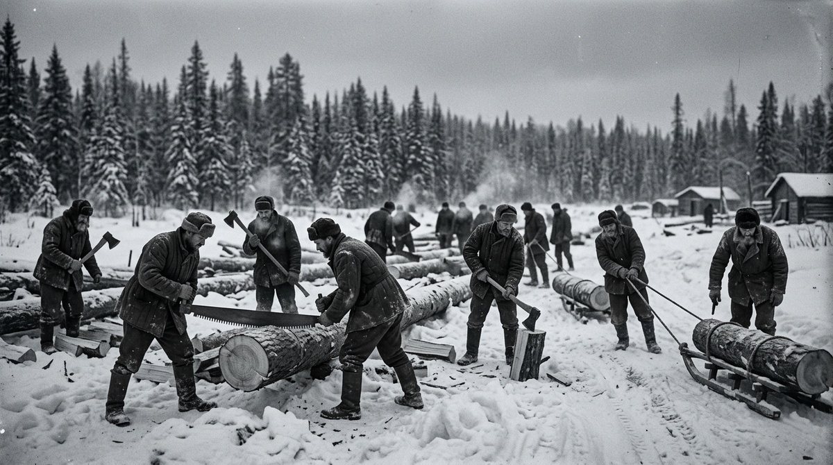 Заключенные на лесоповале в тайге, суровая зима в ГУЛАГе 1930-х