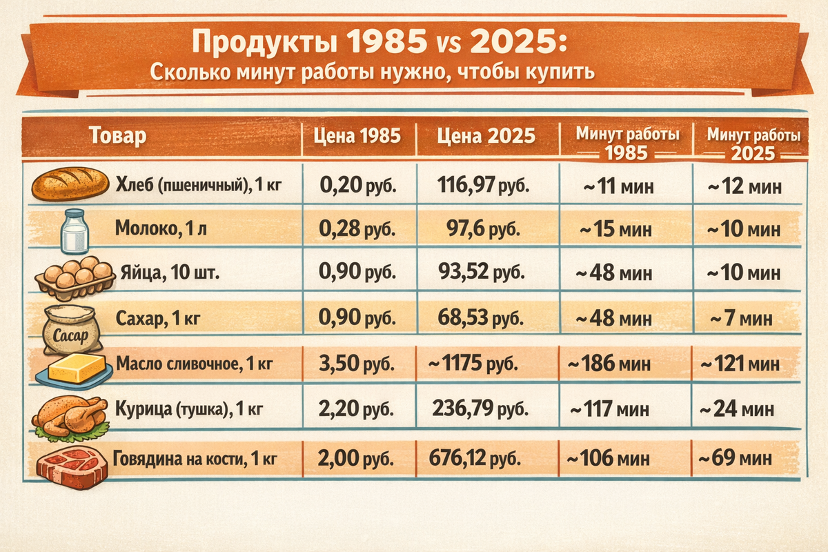 Таблица: семь продуктов, которые знают все (и в 1985, и в 2025). Изображение сгенерировано нейросетью