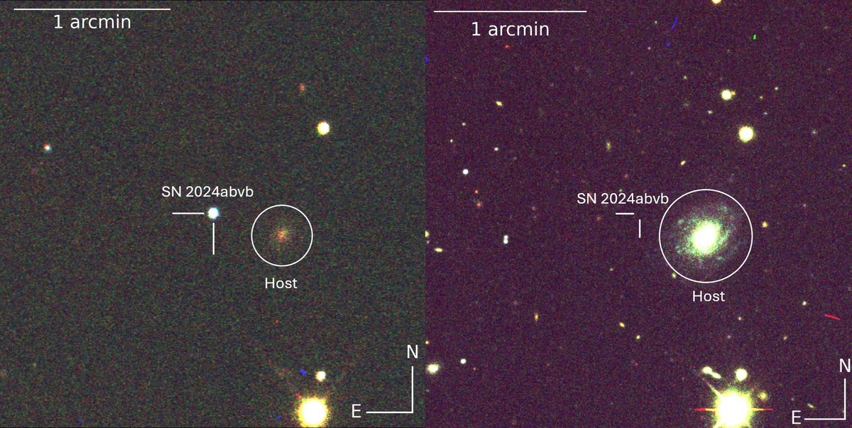 Слева: совмещённое изображение в фильтрах g, r и i, полученное по данным Обсерватории Лас-Кумбрес (LCO) 28 ноября 2024 года, с обозначенными положениями сверхновой и галактики-хозяина. В левом верхнем углу показана масштабная линейка длиной 1 угловая минута; север ориентирован вверх, восток — влево. Справа: совмещённое изображение в фильтрах g, r и i по данным обзора Legacy Imaging Surveys инструмента Dark Energy Spectroscopic Instrument (DESI), полученное 8 августа 2019 года. Все маркеры совпадают с таковыми на левом изображении. Источник: arXiv:2602.20775v1  📷
