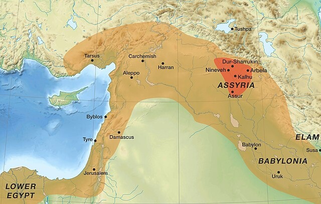 Центральная территория Ассирии (красным цветом) и наибольшая территория Ассирийской империи (оранжевым цветом) во время правления Ашшурбанипала (668-627 гг. до н.э.). Фото из свободных источников в Интернете.