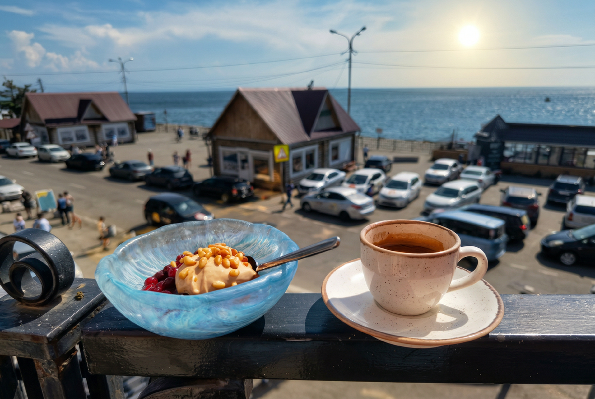 На перилах — чашка крепкого кофе и десерт, а впереди бескрайняя синяя линия горизонта.