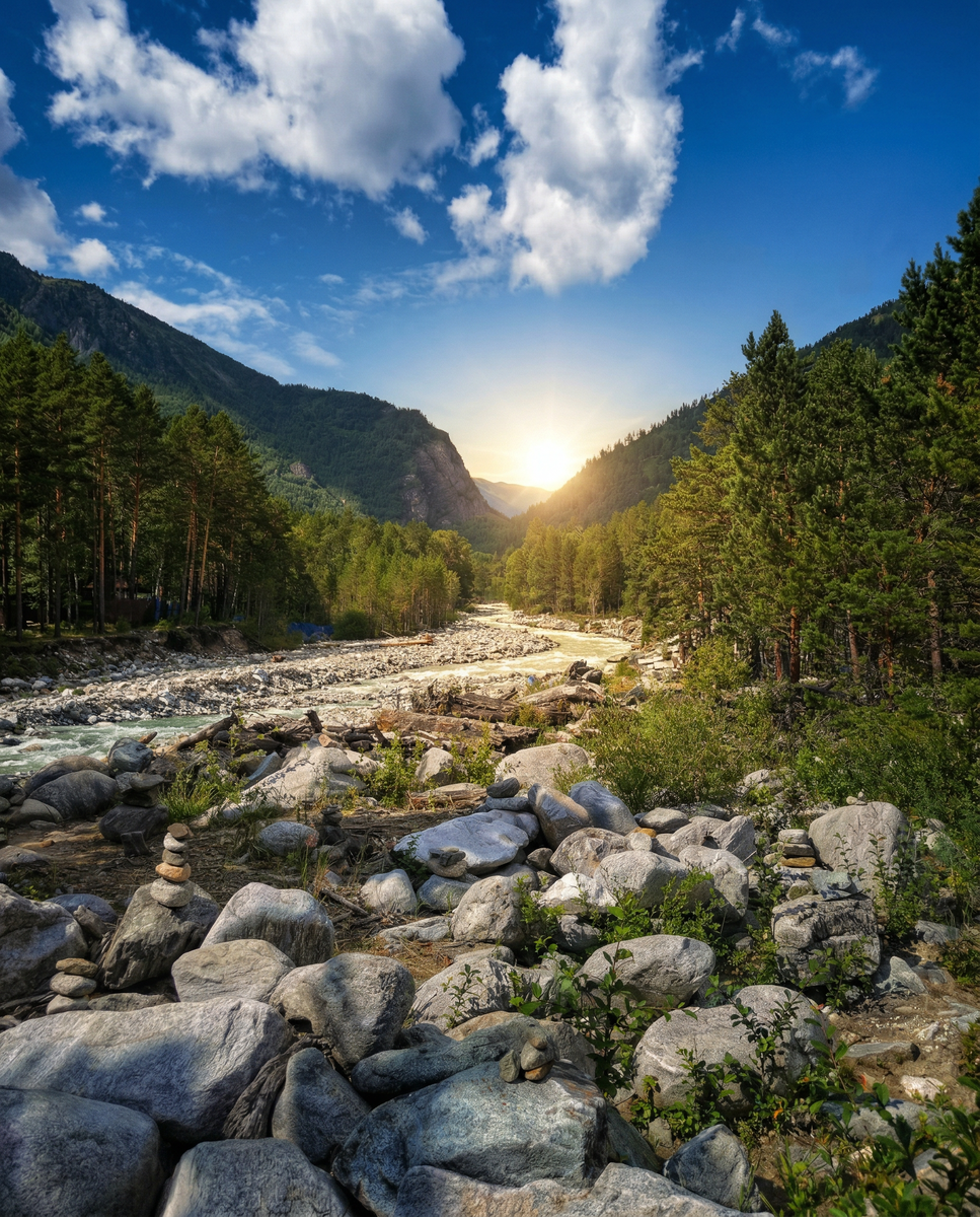 Там, где река шепчет по камням, сосны пахнут свободой, а солнце медленно выныривает из-за гор — время будто ставит мир на паузу.